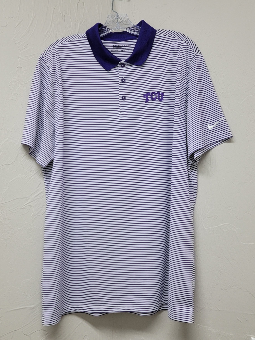 Nike Dri-Fit TCU Horned Frogs Mens Purple White Striped Golf Polo Shirt Sport XL